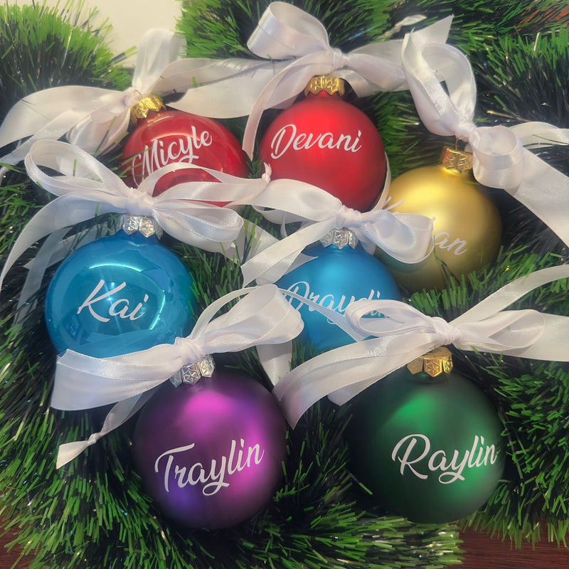 Christmas Bauble - Personalised - Glass (Two ribbon satin bow)