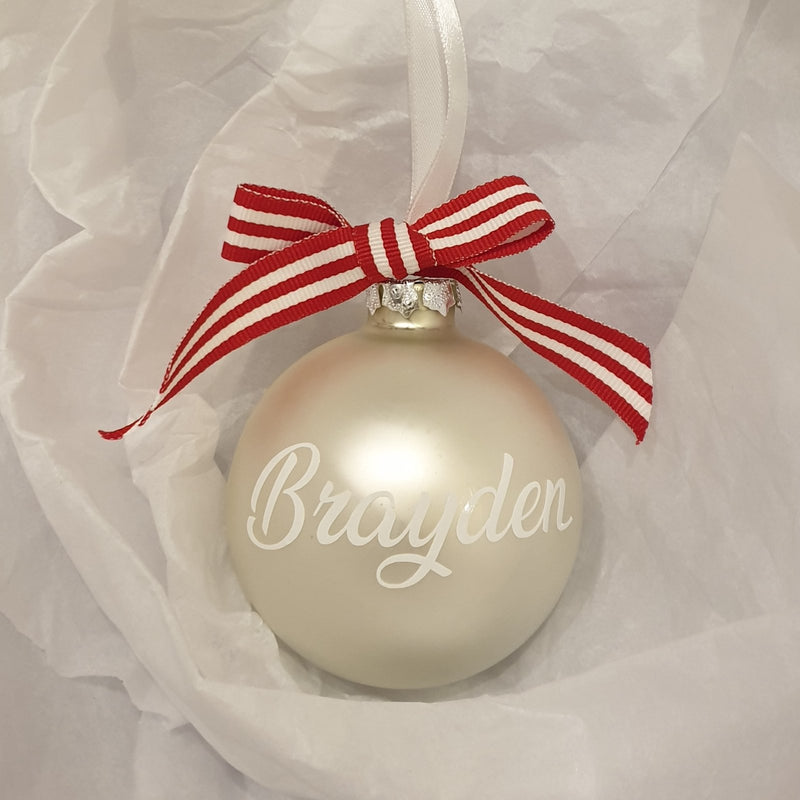 Christmas Bauble - Personalised - Glass (with candy stripe bow)