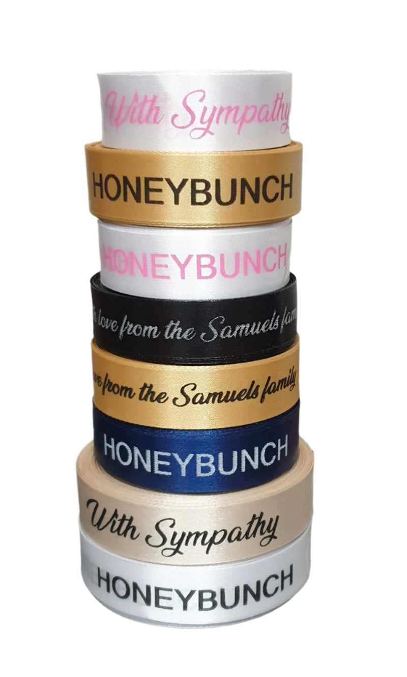 Personalised Satin Ribbon - Standard colour print (sold per metre)