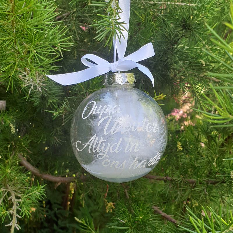 Bauble - In remembrance - Personalised with White Feathers