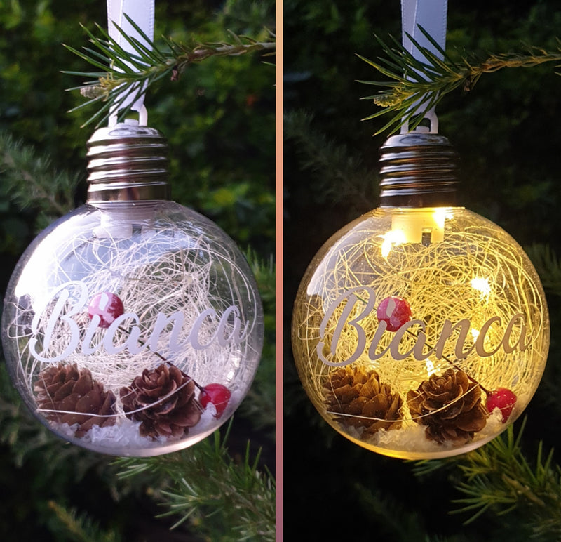Bauble - with light - Personalised with mistletoe, mini pine cones, snowflakes and filling - 8 cm