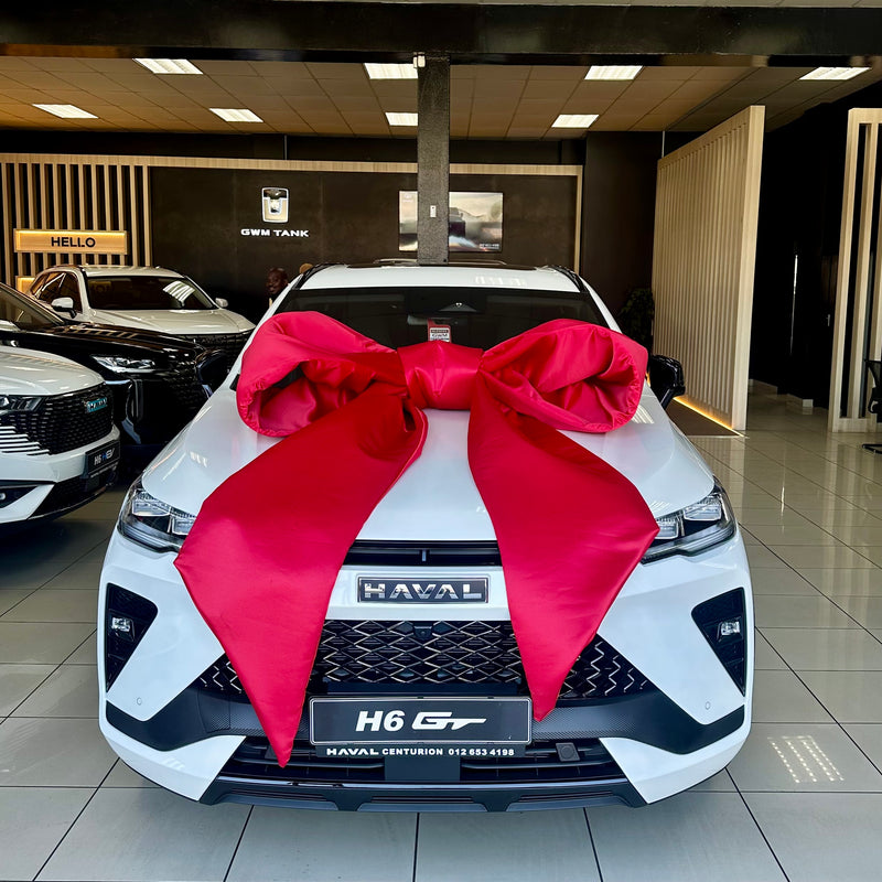 White Haval car with an extra large red bow in a showroom