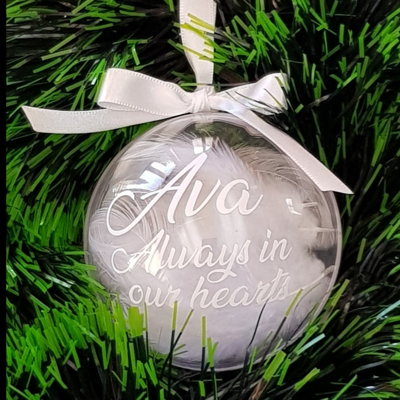 Bauble - In remembrance - Personalised with White Feathers