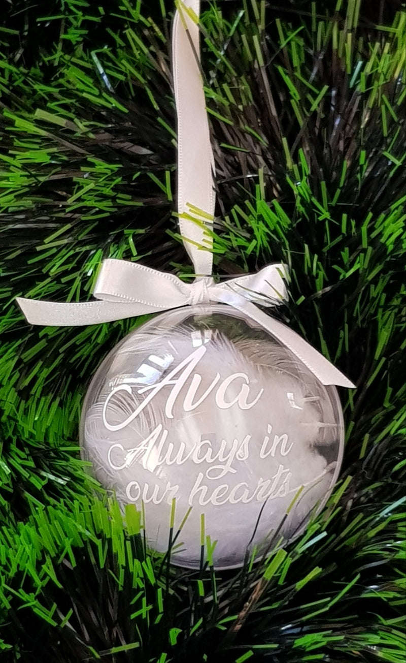 Bauble - In remembrance - Personalised with White Feathers