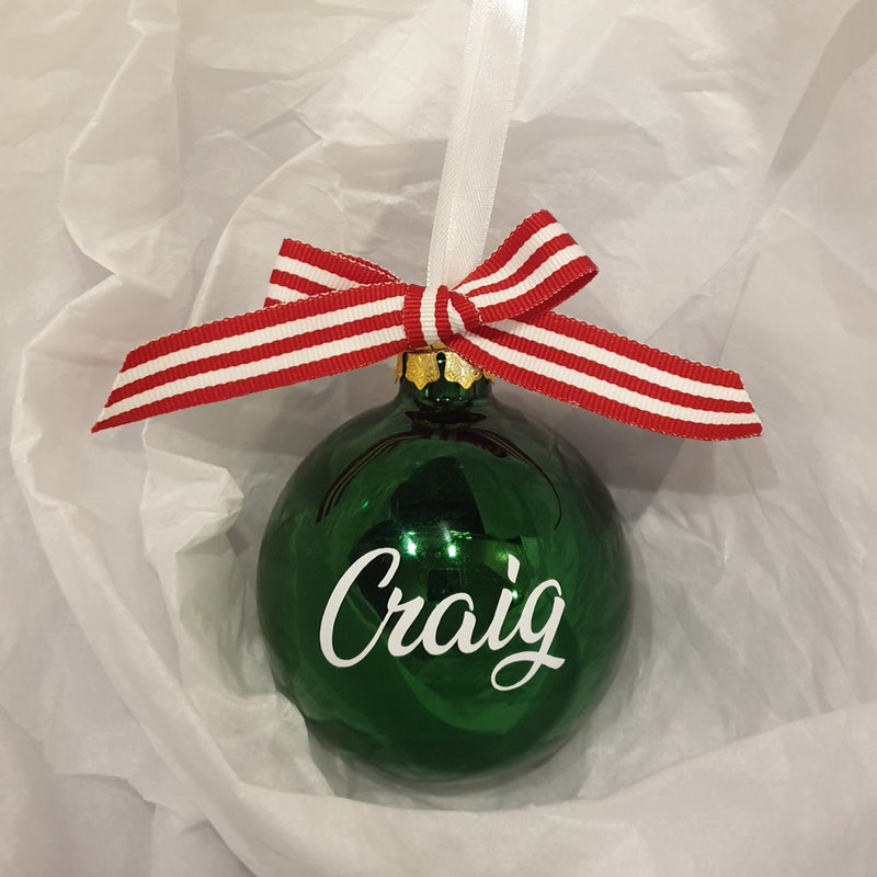 Christmas Bauble - Personalised - Glass (with candy stripe bow)