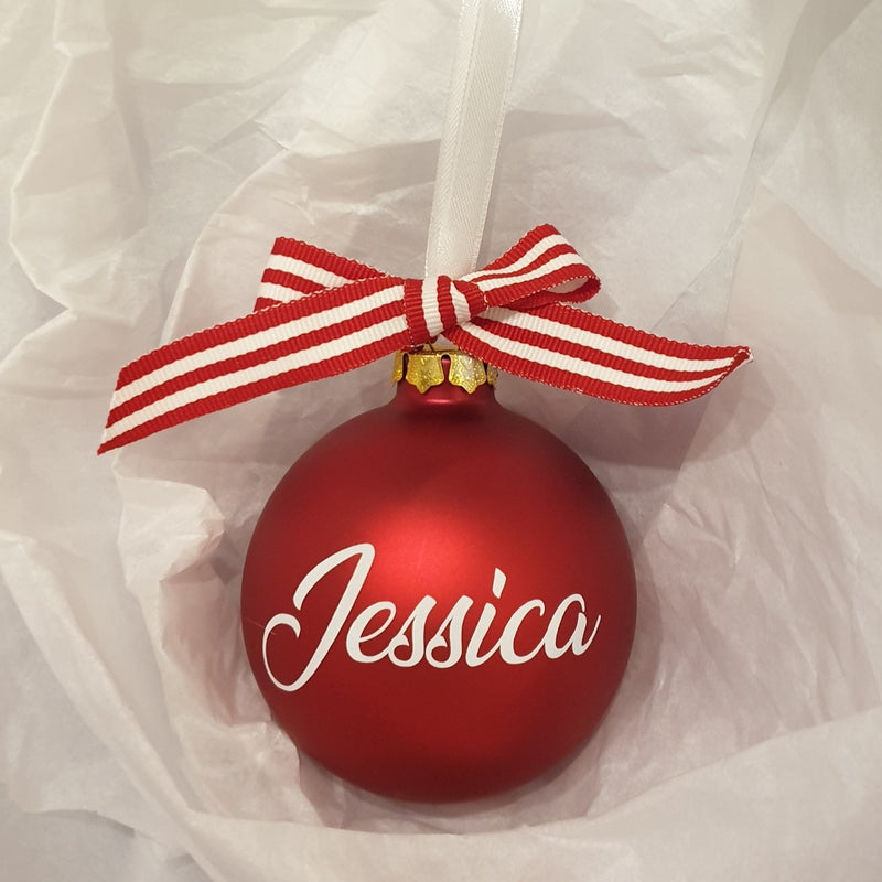 Christmas Bauble - Personalised - Glass (with candy stripe bow)