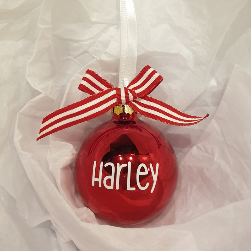 Christmas Bauble - Personalised - Glass (with candy stripe bow)