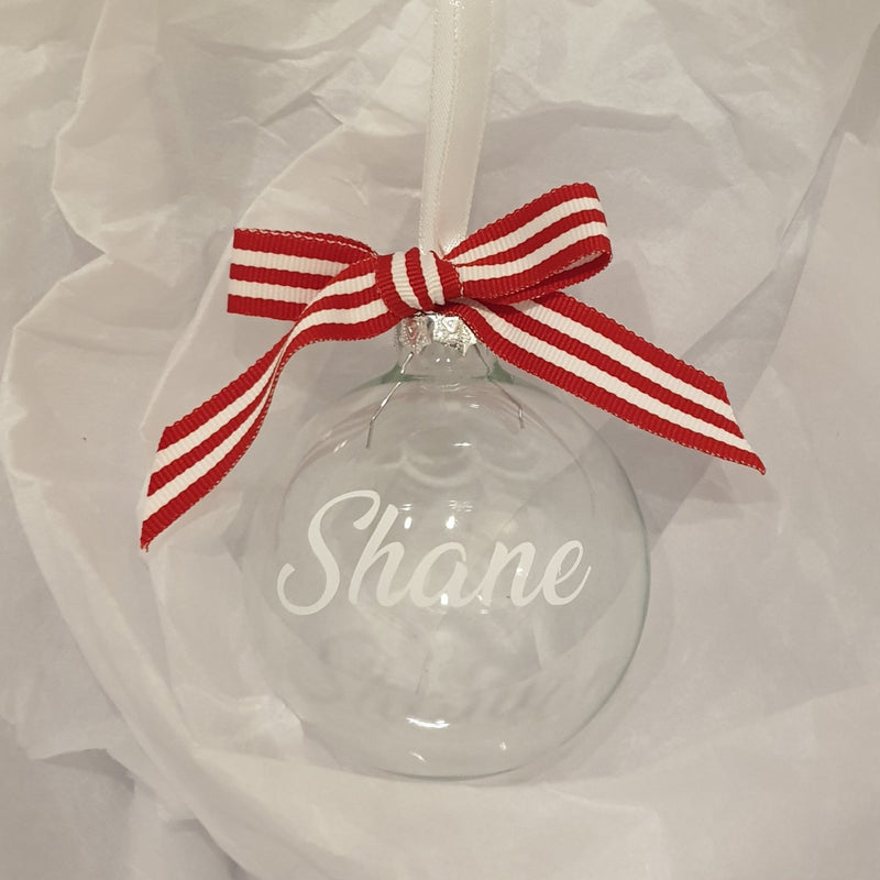 Christmas Bauble - Personalised - Glass (with candy stripe bow)
