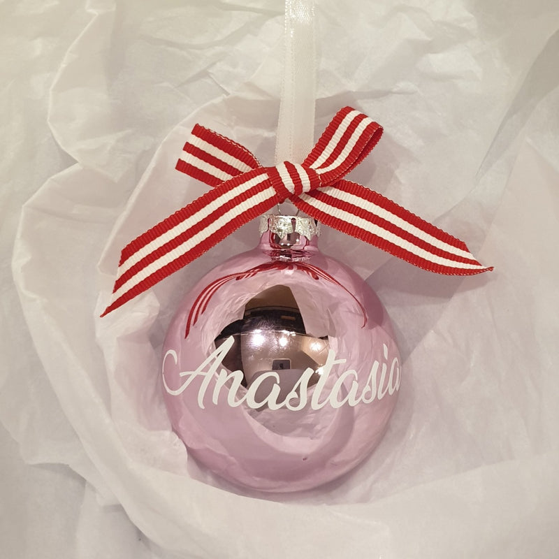 Christmas Bauble - Personalised - Glass (with candy stripe bow)