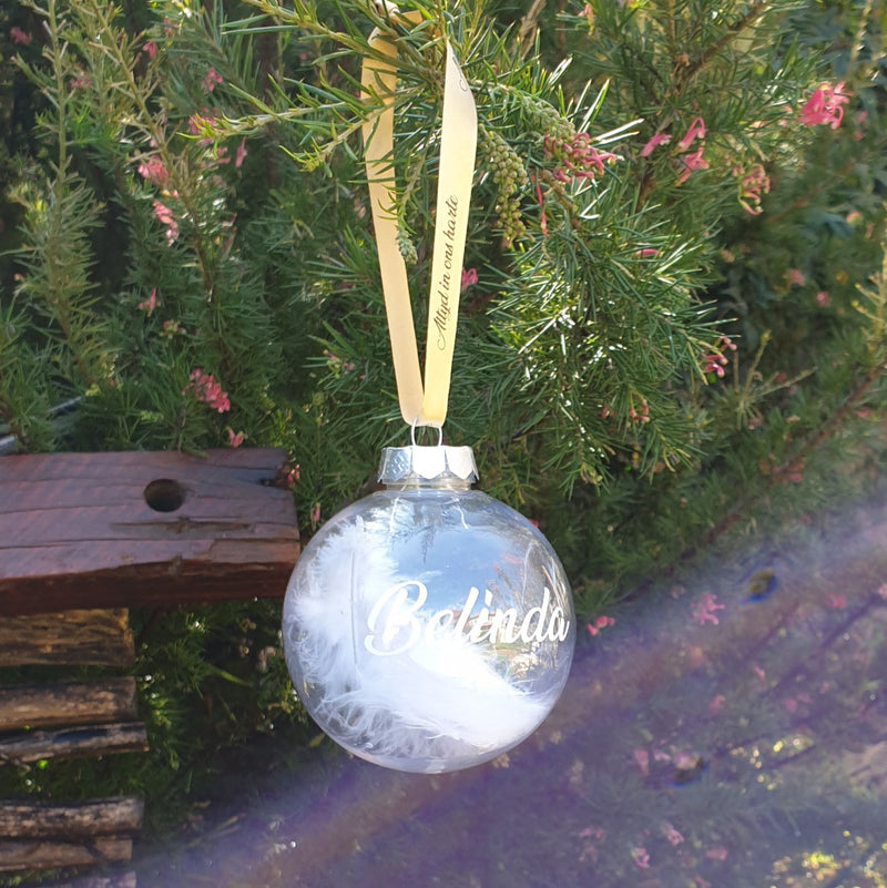 Bauble - In Remembrance - with gold ribbon and white feathers - Personalised