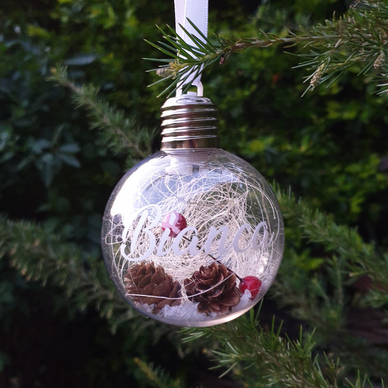 Bauble - with light (NEW) Personalised with mistletoe, mini pine cones, snowflakes and filling - 8 cm