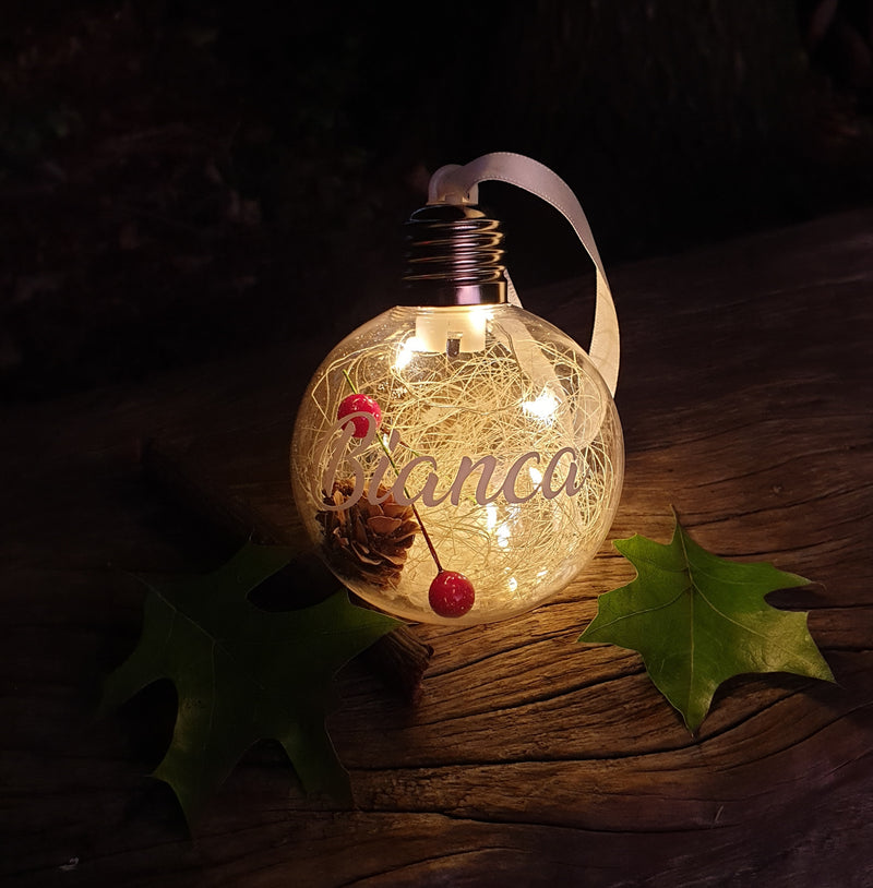 Bauble - with light (NEW) Personalised with mistletoe, mini pine cones, snowflakes and filling - 8 cm