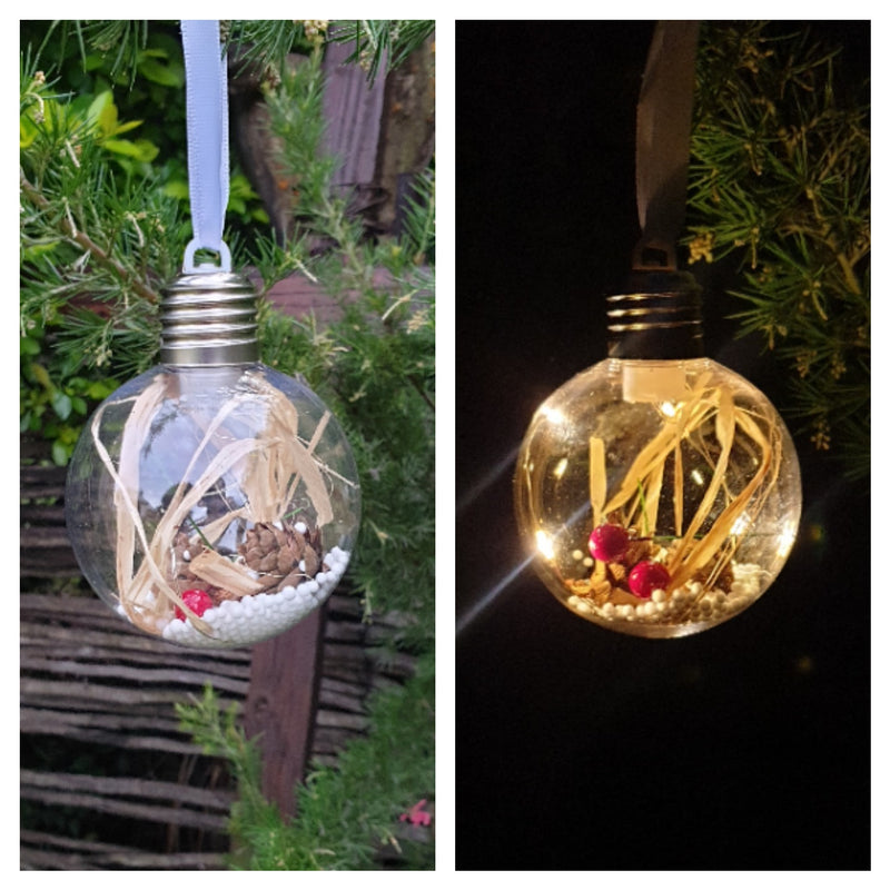 Bauble with light - with mistletoe, raffia and snowflakes - 8 cm - no print