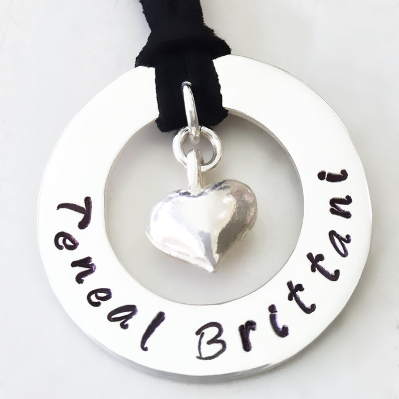 30 mm Personalised Hoop Necklace with Puffy Silver Heart Dangle